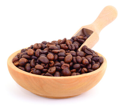 Roasted Coffee Beans in Wooden Bowl