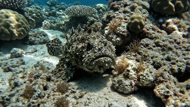 Underwater coral reef ecosystem teeming with diverse marine life, showcasing vibrant coral formations and sandy seabed.