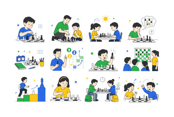 Fototapeta premium Kids Chess Summer Lesson. Kids chess, summer chess lesson, young learners, strategy game, chess pieces, classroom activity, logic learning, critical thinking, coach and skill building. 12 minimalist