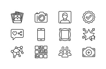 Fototapeta premium Social Gallery Tools, line icon set featuring photo gallery, camera, profile tile, account badge, social post, smartphone, image frame, promotion star, covering social media, galleries, user accounts,