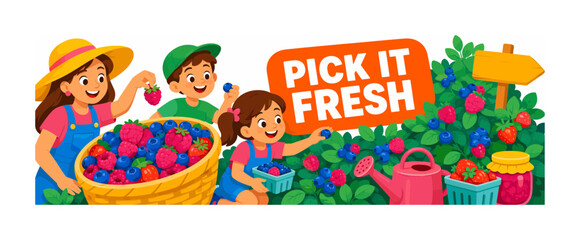 Fototapeta premium Berry Farm Picking banner showing three expressive family visitors gathering ripe berries at a pick-your-own farm, with an oversized berry basket and oversized berry bush, plus sun hat, farm sign,