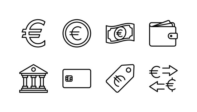 European Finance Icons, line icon set featuring euro sign, euro coin, banknote, wallet, bank building, payment card, price tag and currency exchange arrows, covering EUR, European currency, banking,