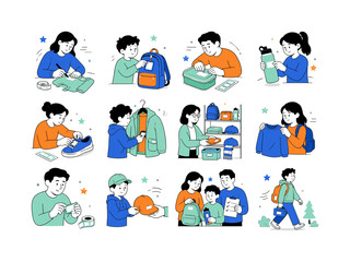 Fototapeta premium School Lost Found Labels. Back-to-school organization, clothing labels, backpack tags, student gear, parent preparation, lost property, and seasonal routines. 12 minimalist editorial vector scenes: