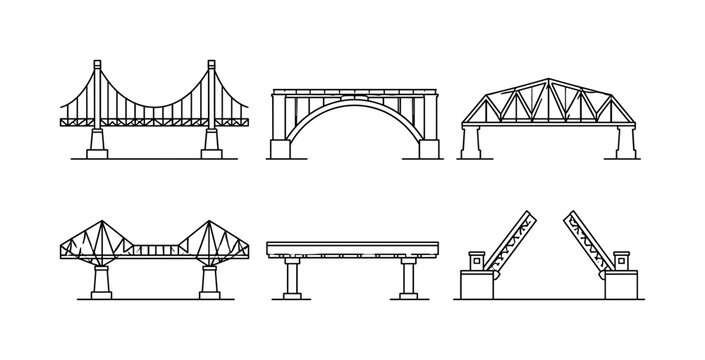 Bridge Engineering Styles, line icon set, 6 clean outline icons featuring suspension bridge, arch bridge, truss bridge, cantilever bridge, beam bridge and drawbridge, arranged in a balanced 3x2 grid