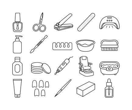 Nail Salon Essentials, line icon set with 20 clean outline icons featuring nail polish bottle, manicure scissors, nail clipper, emery file, UV lamp, lotion bottle, cuticle pusher, toe separator,