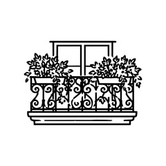 Fototapeta premium Parisian Balcony with Flowers Hand Drawn Outline Icon