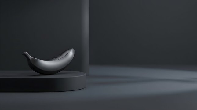 Minimalist Matte Black Banana Sculpture Displayed on a Modern Pedestal for Sophisticated Product Presentation and Artistic Decor