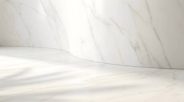 Elegant White Marble Product Display Surface with Soft Natural Shadow Accents for Minimalist Interior Design and Luxury Commercial Presentation