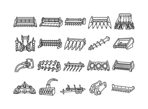 Combine Harvester Header Series, line icon set, 20 clean outline icons including combine header, draper header, cutter bar, corn header, cotton picker attachment, sugarcane harvester head, grain reel,
