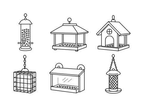 Classic Bird Feeders line icon set, 6 clean outline icons featuring hanging tube feeder, platform feeder, house feeder, suet cage, window feeder and decorative chain feeder, arranged in a balanced 3x2