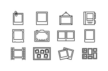 Obraz premium Photo Frame Templates, line icon set featuring clipped photo frame, square instant frame, hanging picture, album card, vintage snapshot, camera frame, double-photo layout, blank image card, film
