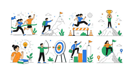 Fototapeta premium Challenge Motivation Success colorful editorial illustration set, not icons, create 8 separate small editorial illustrations about competition, goal, obstacle, achievement, motivation, target, trophy