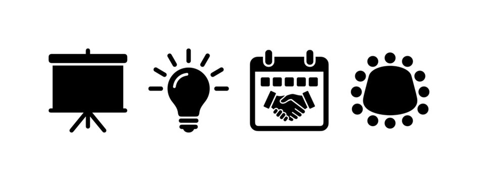 Meeting Conference Tools, solid glyph icon set featuring conference table substitute meeting board, presentation screen, seminar badge, interview calendar, planning document, brainstorm bulb, office