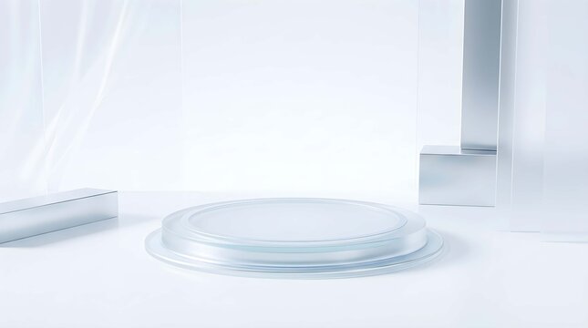 Minimalist professional white podium background with glass and metal geometric elements for clean product display presentation
