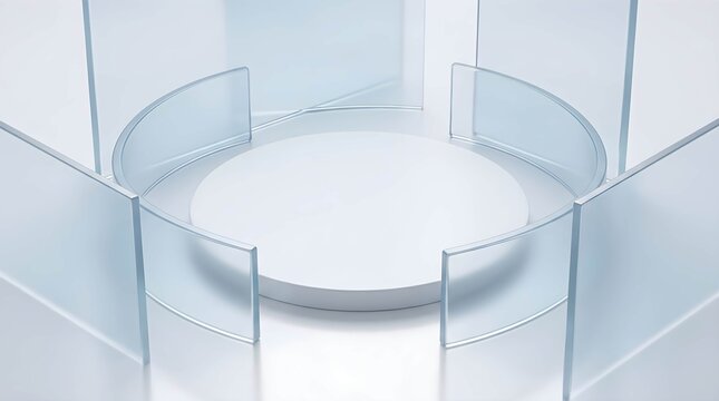 Minimalist clean product photography background featuring a circular white podium surrounded by frosted glass panels with a soft blue hue, ideal for showcasing items