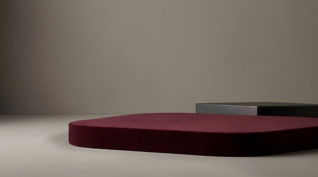 A luxurious deep red display podium with a dark gray geometric block in the background, on a plain, neutral surface, perfect for showcasing products in a clean, upscale setting