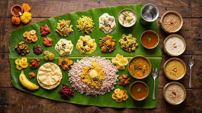 Top view of authentic South Indian Onam festival meal featuring various vegetarian dishes, curries, papadum and payasam on a green banana leaf.