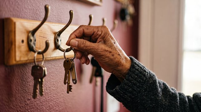 Keys hanging on wooden wall hook with elderly hand grabbing set of keys