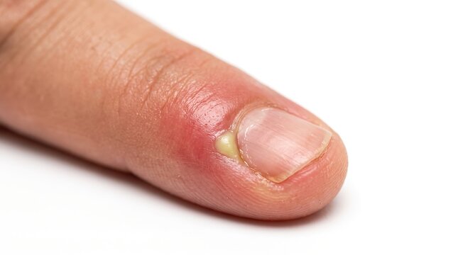Macro shot of human finger with acute paronychia nail fold infection and visible yellow pus collection