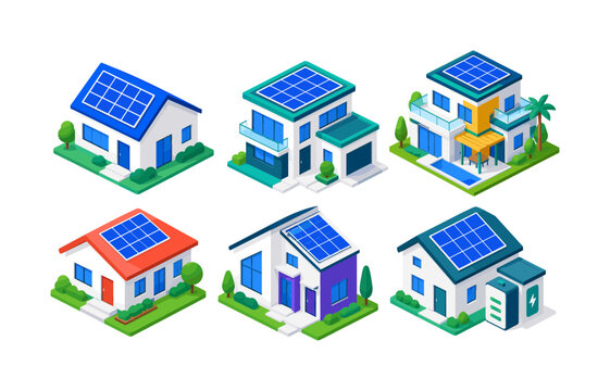 Solar Powered Homes, isometric flat icon set, create exactly 6 isometric home icons arranged in a 3x2 grid: side-view house with rooftop solar panels, modern photovoltaic home, sustainable villa,