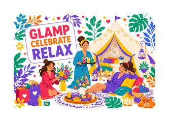 Naklejka premium Glamping Bachelorette Nature Retreat banner illustration showing three friends celebrating beside an oversized luxury glamping tent and a large wellness picnic setup, one arranging flowers, one