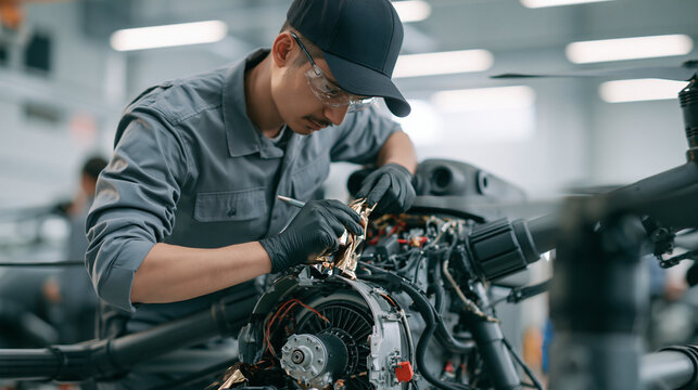 Precision manufacturing of military drones, a technician applying gold-tinted heat-resistant shielding film to the internal engine bay of a drone, with a clean and bright modern pr