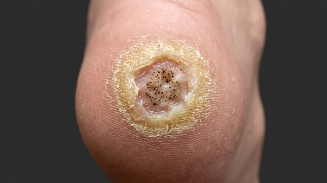 Macro close up of plantar wart verruca vulgaris on human heel skin with black pinpoint capillaries
