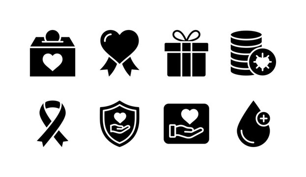Charity Donation Symbols, solid glyph icon set featuring donation box, heart badge, gift, coin, charity ribbon, support shield, contribution button and blood drop, covering nonprofit fundraising,