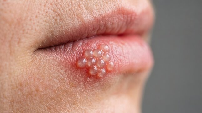 Extreme macro close up of herpes labialis cold sore cluster of fluid filled blisters on lip margin
