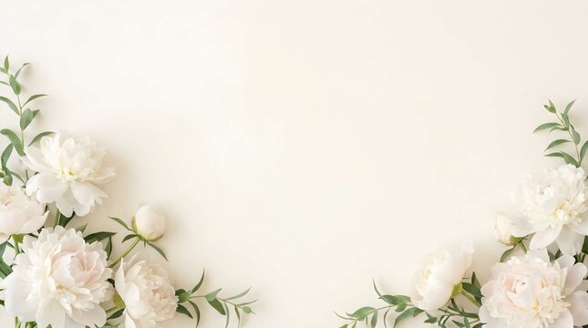 Elegant Floral Background Featuring Delicate White Peonies and Green Foliage Arranged in a Minimalist Border Composition for Sophisticated Design Projects