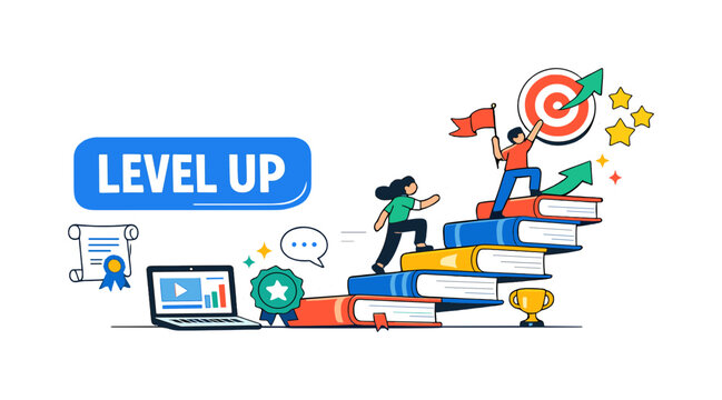 Career Skills Growth clean editorial banner, 2 geometric characters climbing an oversized staircase made of books toward a target and upward arrow, with supporting diploma, leadership flag, training