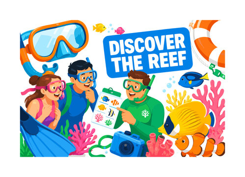 Snorkel Reef Guide banner showing one expressive reef guide helping two travelers identify tropical marine wildlife, with an oversized snorkel mask and oversized reef fish, plus fins, waterproof guide