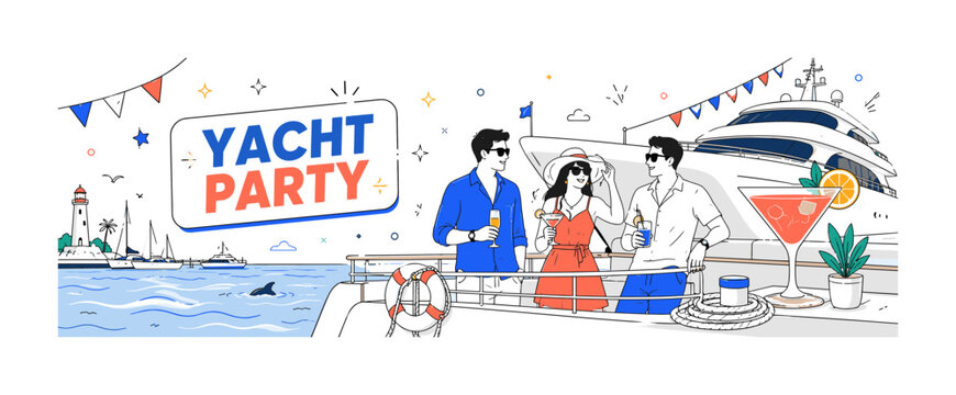 Yacht Party banner, clean editorial composition with one wide luxury ocean celebration scene, 3 geometric guests on a yacht deck beside an oversized yacht bow and oversized cocktail glass, sea waves