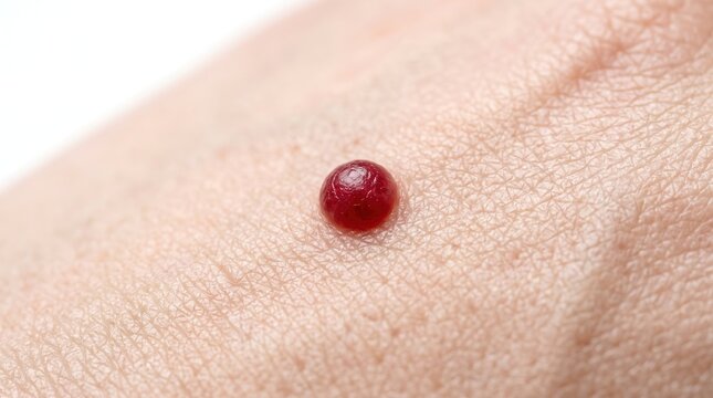 Macro shot of solitary cherry angioma red vascular papule lesion on human skin