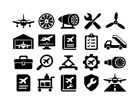 Aircraft Maintenance Services &mdash; solid glyph icon set of 20 fully filled black aviation symbols showing airplane inspection, engine repair, turbine check, wrench, screwdriver, propeller, hangar,