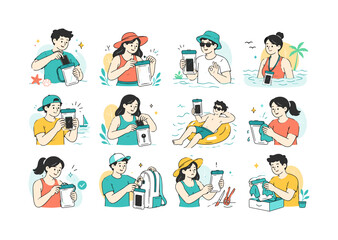 Fototapeta premium Waterproof Phone Beach Pouch. Phone protection, beach travel, pool safety, swimming accessories, waterproof storage, and vacation gear. 12 minimalist editorial vector scenes: traveler sliding a phone
