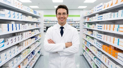 Fototapeta premium Professional Male Pharmacist Smiling with Arms Crossed in Modern Pharmacy Drugstore