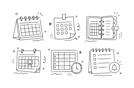 Doodle Calendar Planner, one-line drawing set, create exactly 6 hand-drawn calendar illustrations arranged in a 3x2 grid: desktop calendar, sticky-note calendar, binder planner, event calendar with