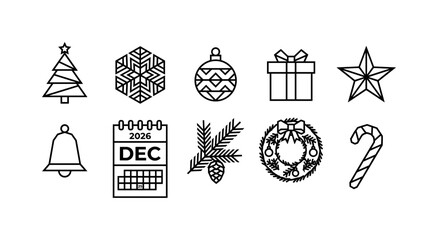 Fototapeta premium Modern Christmas Geometry, line icon set featuring geometric Christmas tree, snowflake, ornament, gift box, star, bell, calendar, fir branch, wreath, candy cane, covering festive greeting cards, New