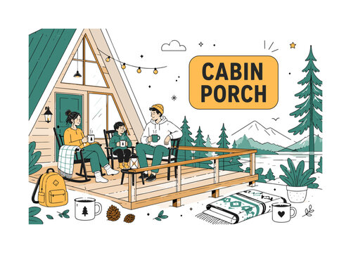 A Frame Porch. A frame cabin porch banner with 1 main scene: family relaxing on a forest cabin porch beside oversized A-frame roof and large porch railing spanning the canvas, with small mugs,