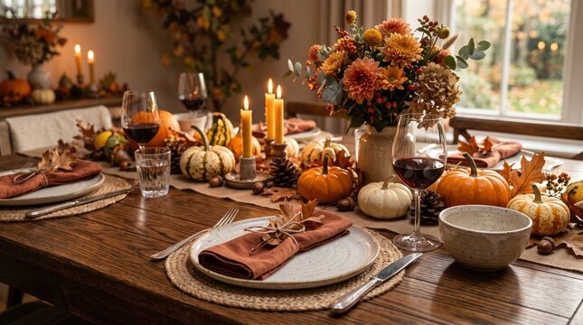 Rustic Thanksgiving table setting, autumn harvest dinner decor with pumpkins and candles, cozy fall celebration arrangement