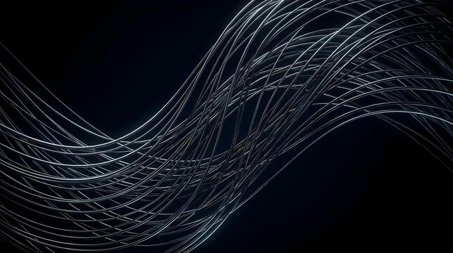 Dynamic silver threads weave an intricate network across a dark void, symbolizing data flow and modern connectivity in a sleek, technological abstract design that evokes digital pathways
