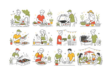 Fototapeta premium Outdoor Kitchen Prep Party. Summer cooking, patio kitchens, grilling, backyard entertaining, food preparation, and outdoor dining. 12 minimalist editorial vector scenes: person washing vegetables
