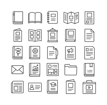Publishing Print Collateral, line icon set, create exactly 25 editable outline icons on a 48x48 pixel grid arranged in a 5x5 layout: closed book, open book, notebook, brochure, flyer, leaflet,