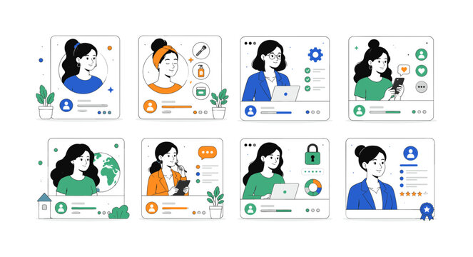 Female Profile Identity &mdash; clean editorial illustration set of 8 separate female portrait scenes showing young avatar, cosmetology client, business administrator, social user, community member,
