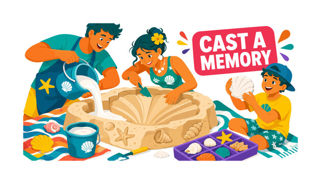 Beach Sand Casting Banner illustration showing a family workshop with three participants creating an oversized plaster sand cast beside a large carved beach mold, one pouring mixture, one shaping