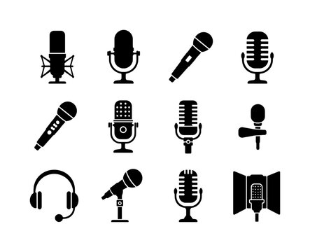 Microphone Audio Collection &mdash; Solid glyph icon set with exactly 12 fully filled black microphone silhouettes arranged in a 4x3 grid: studio condenser mic, podcast microphone, handheld vocal mic, retro