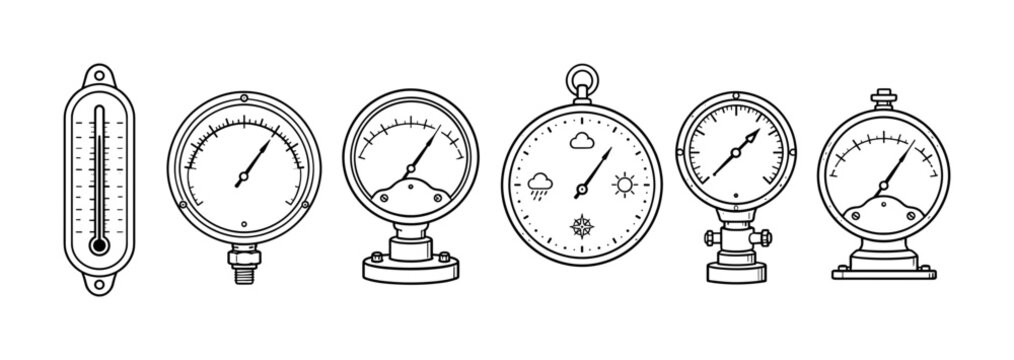 Vintage Gauge Instruments, line icon set with 6 clean outline icons featuring analog thermometer, pressure gauge, round dial meter, vintage weather gauge, industrial pressure dial, classic temperature