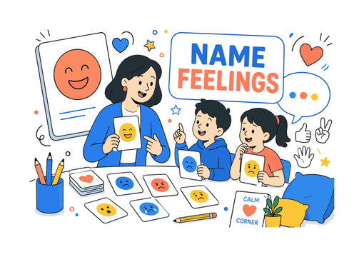 Classroom Emotion Card Tools. Clean editorial banner showing a teacher and two students using feelings cards at a classroom table, with an oversized emotion card and large speech bubble extending