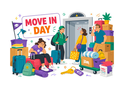 Dorm Elevator Move-In Banner illustration showing three college students and parents waiting beside an oversized dorm elevator door surrounded by large moving boxes and stacked suitcases, with rolling